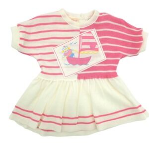 Friemanit Vintage Knit Dress Sailboat Graphic Pink White Striped 12M 80s 90s